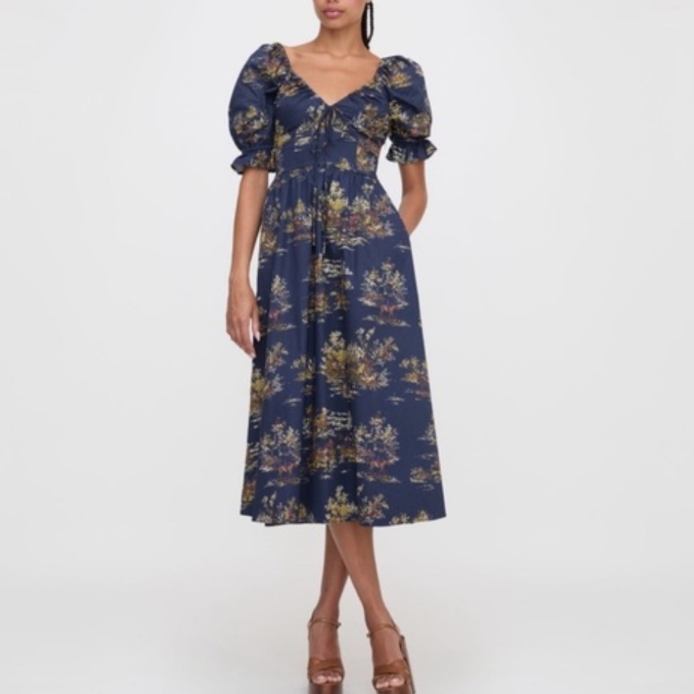 Hill House | Ophelia Dress Navy Poplin in Equestrian Toile | Size LG